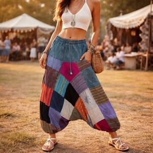 Kathmandu Imports Patchwork Harem Pants Boho Festival Drop Crotch Hippie Yoga OS
